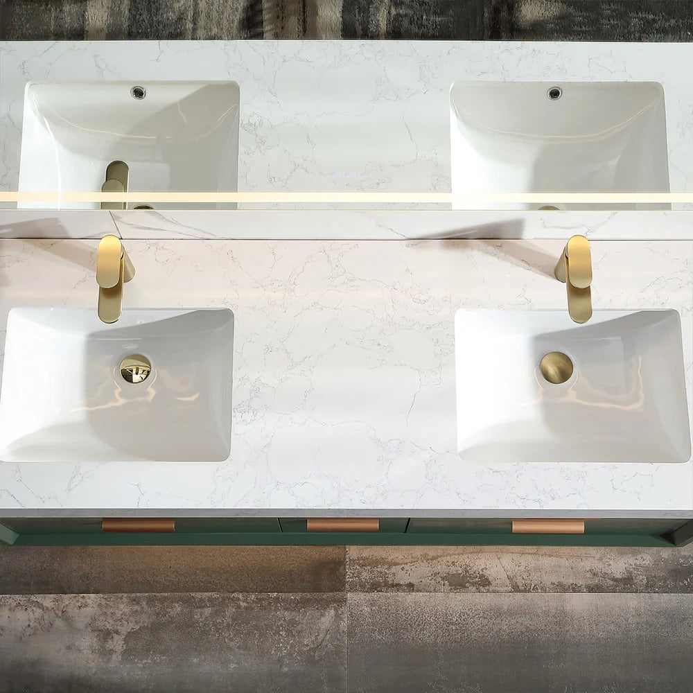 60 Inch Wall Mounted Double Bathroom Vanity with Marble Countertop