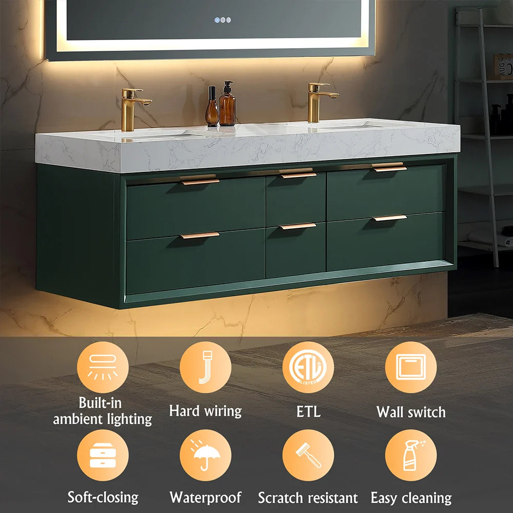 60 Inch Wall Mounted Double Bathroom Vanity with Marble Countertop