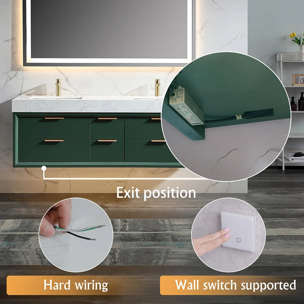 60 Inch Wall Mounted Double Bathroom Vanity with Marble Countertop