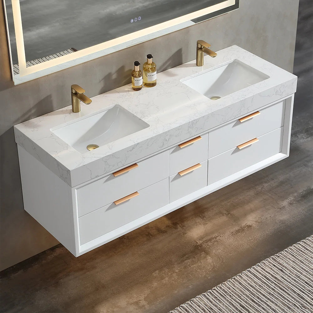 60 Inch Wall Mounted Double Bathroom Vanity with Marble Countertop
