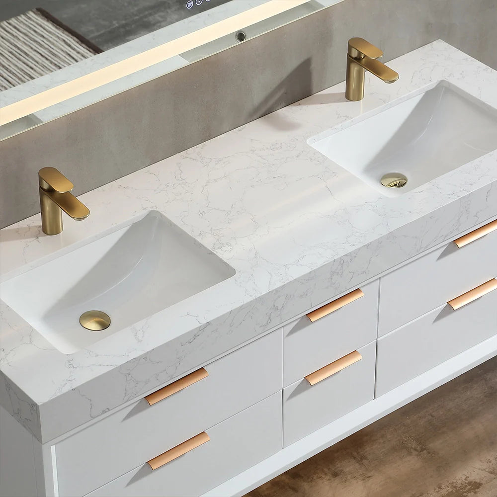 60 Inch Wall Mounted Double Bathroom Vanity with Marble Countertop