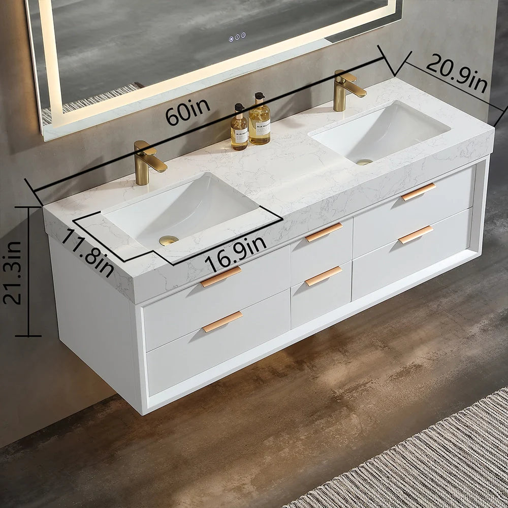 60 Inch Wall Mounted Double Bathroom Vanity with Marble Countertop