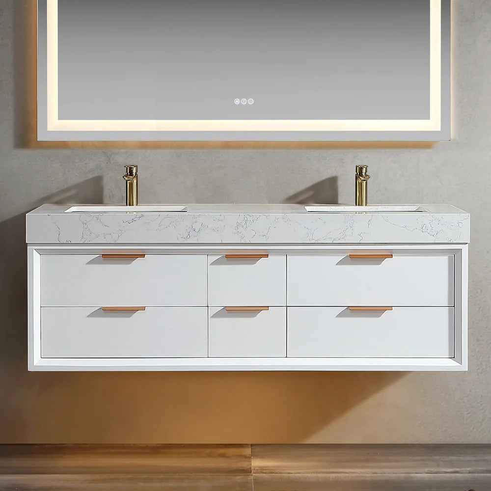 60 Inch Wall Mounted Double Bathroom Vanity with Marble Countertop
