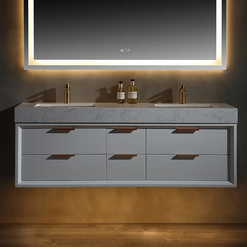 60 Inch Wall Mounted Double Bathroom Vanity with Marble Countertop