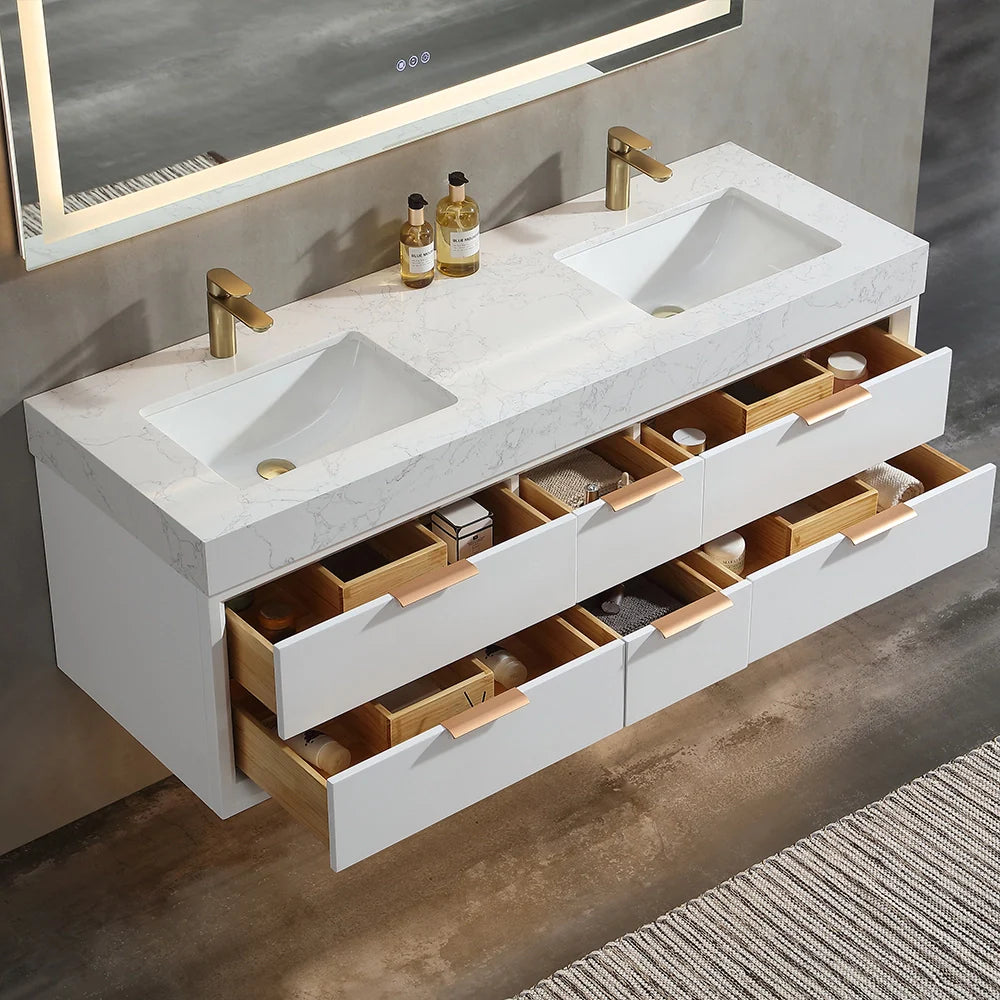 60 Inch Wall Mounted Double Bathroom Vanity with Marble Countertop