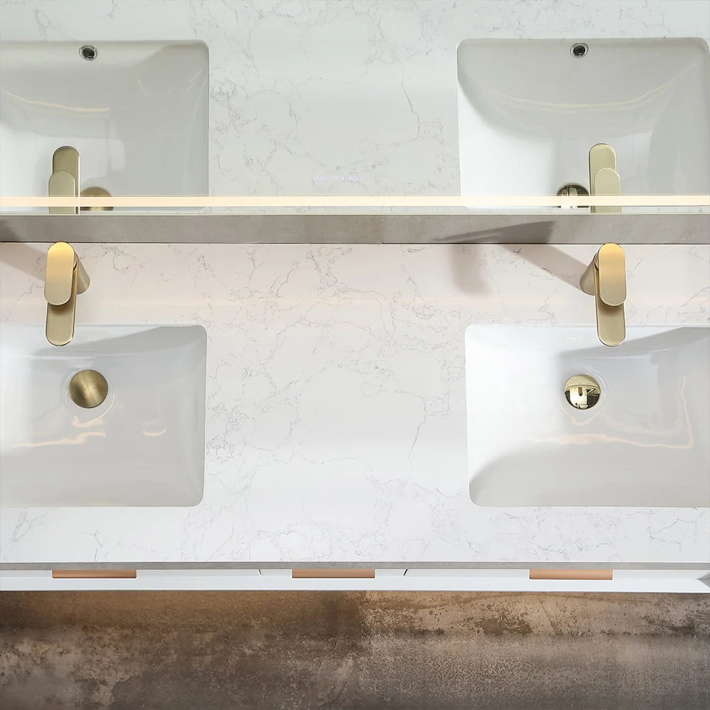 60 Inch Wall Mounted Double Bathroom Vanity with Marble Countertop