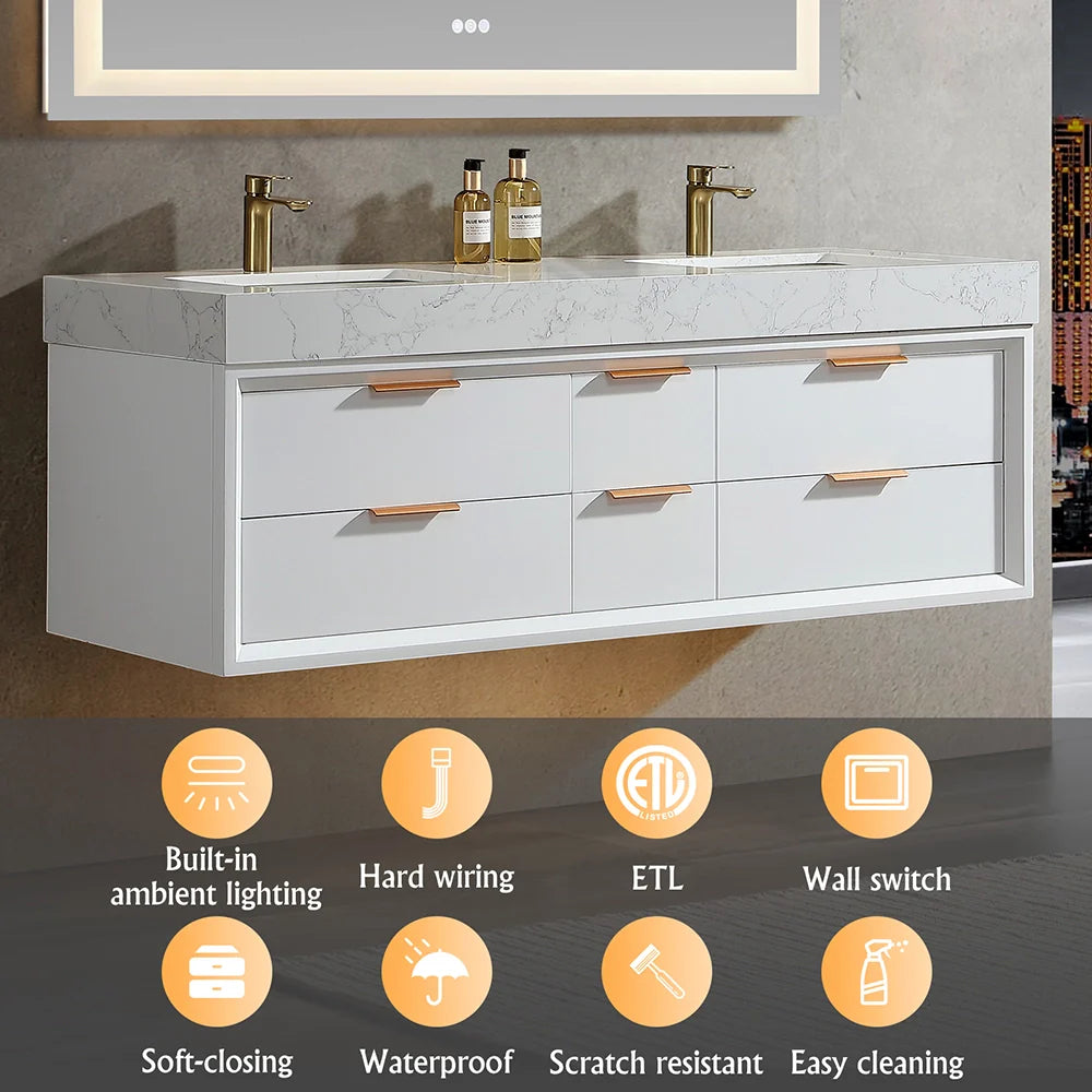 60 Inch Wall Mounted Double Bathroom Vanity with Marble Countertop