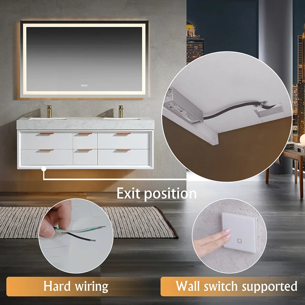 60 Inch Wall Mounted Double Bathroom Vanity with Marble Countertop