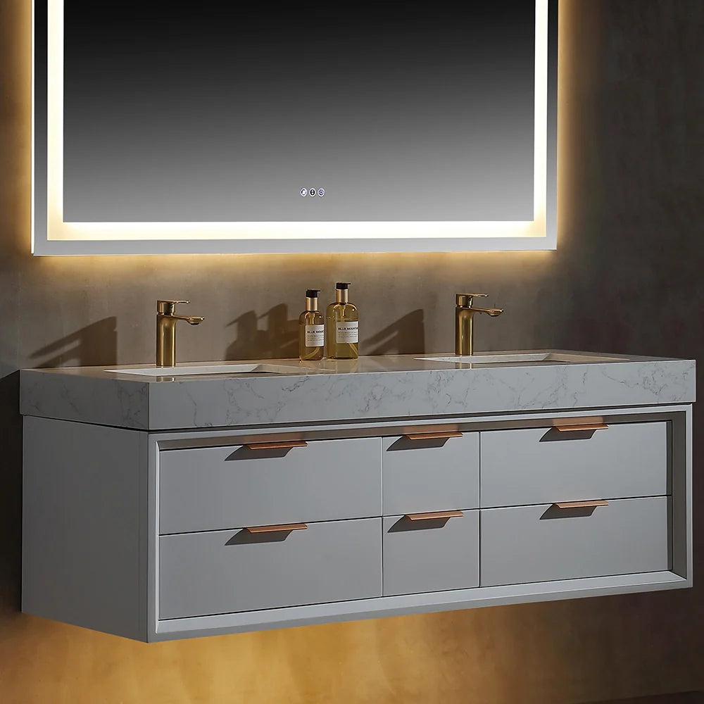 60 Inch Wall Mounted Double Bathroom Vanity with Marble Countertop