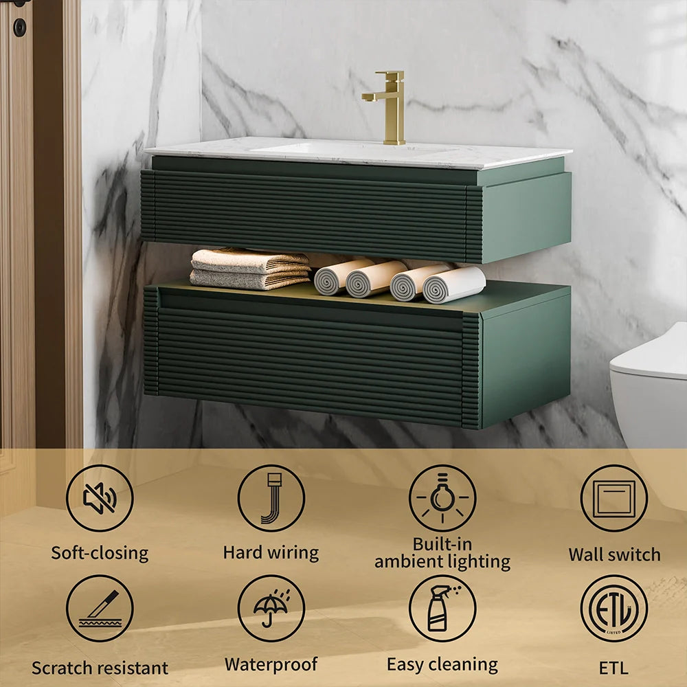 36 Inch Wall Mounted Single Bathroom Vanity with Marble Countertop