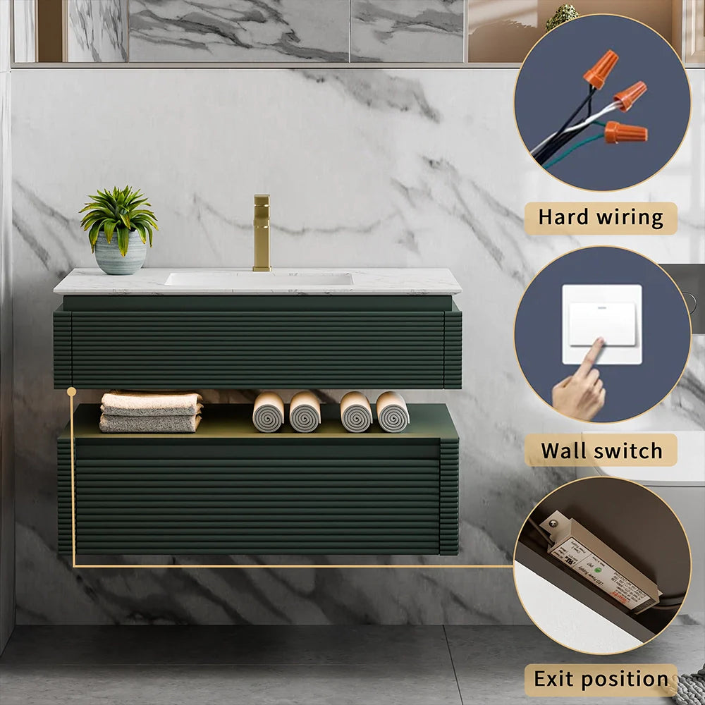 36 Inch Wall Mounted Single Bathroom Vanity with Marble Countertop