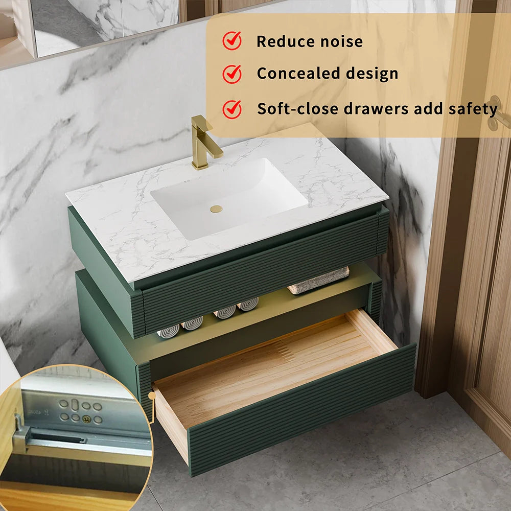 36 Inch Wall Mounted Single Bathroom Vanity with Marble Countertop