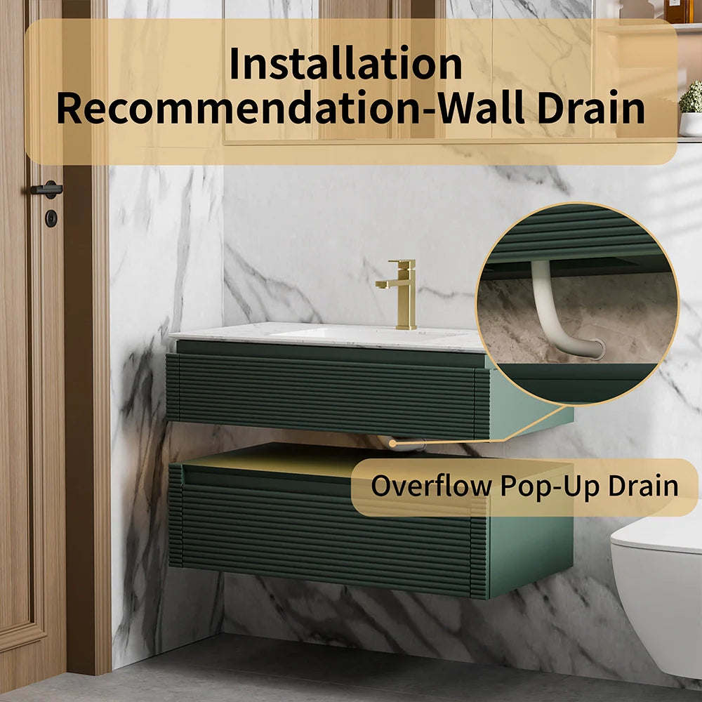 36 Inch Wall Mounted Single Bathroom Vanity with Marble Countertop