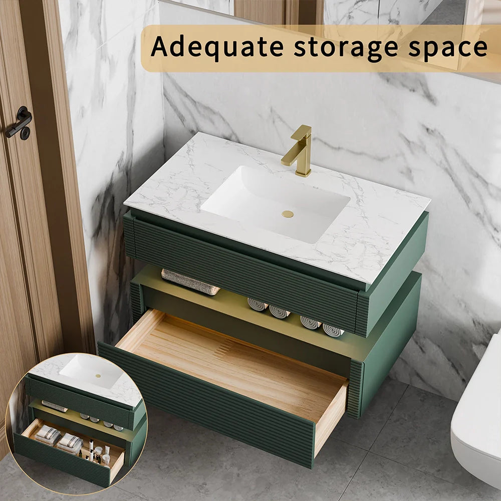 36 Inch Wall Mounted Single Bathroom Vanity with Marble Countertop