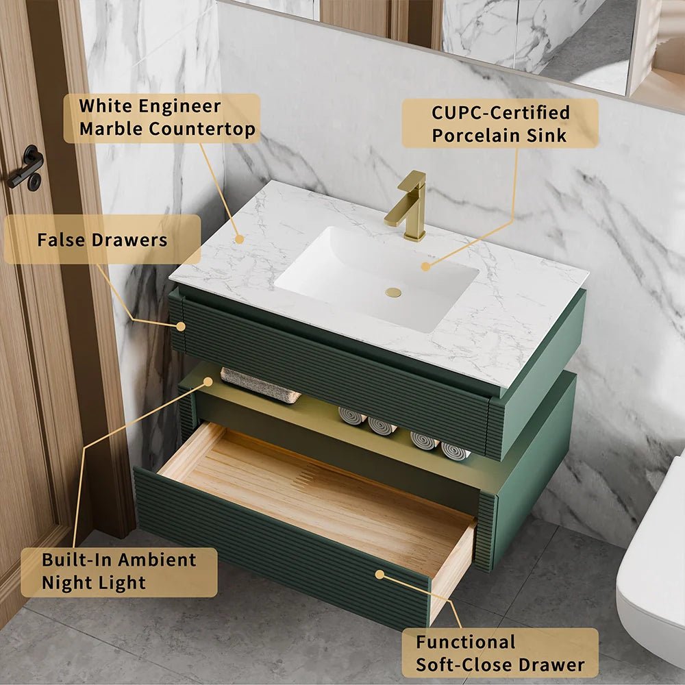 36 Inch Wall Mounted Single Bathroom Vanity with Marble Countertop