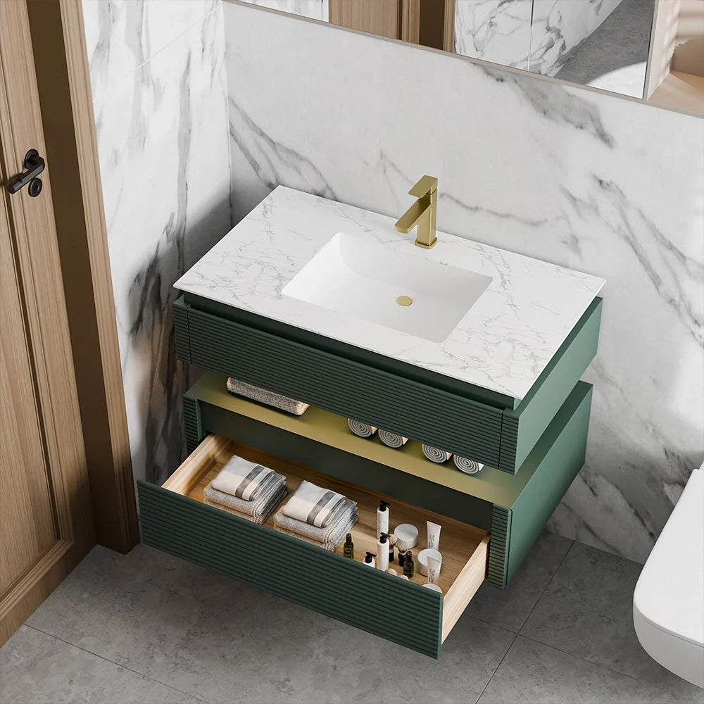 36 Inch Wall Mounted Single Bathroom Vanity with Marble Countertop