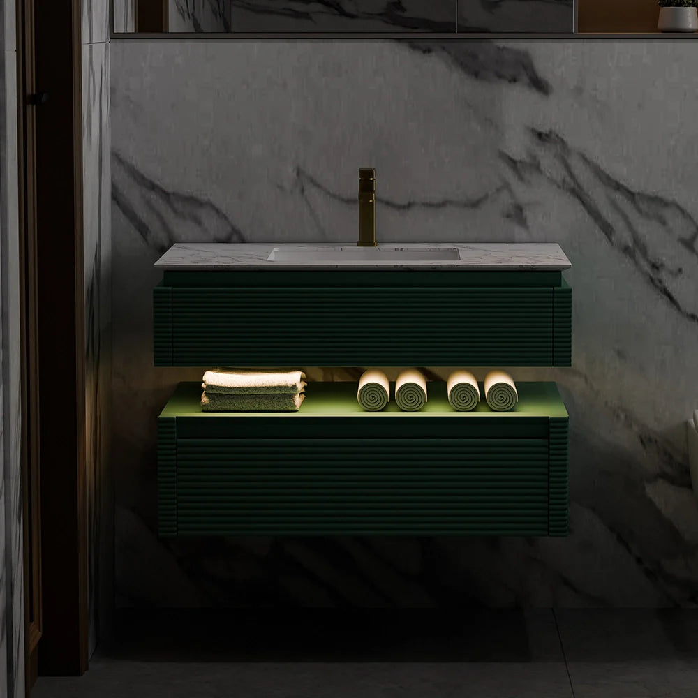 36 Inch Wall Mounted Single Bathroom Vanity with Marble Countertop