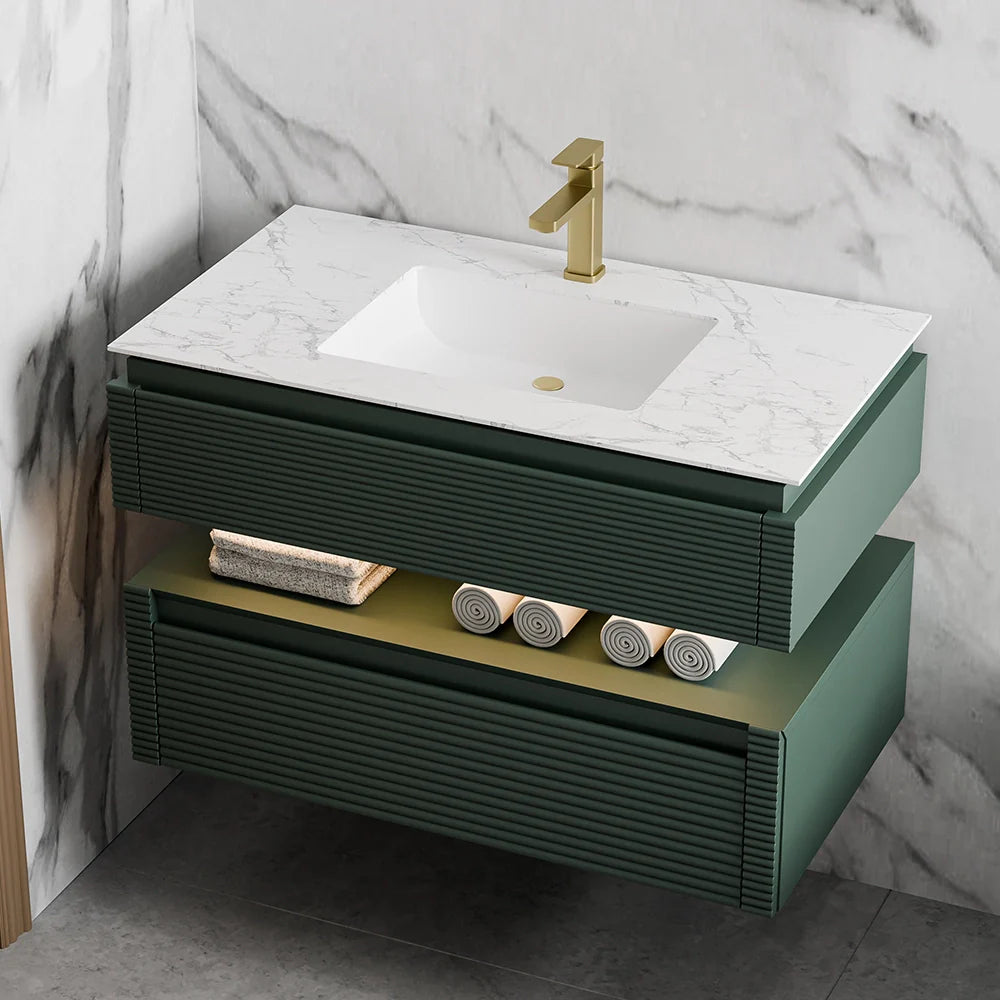 36 Inch Wall Mounted Single Bathroom Vanity with Marble Countertop
