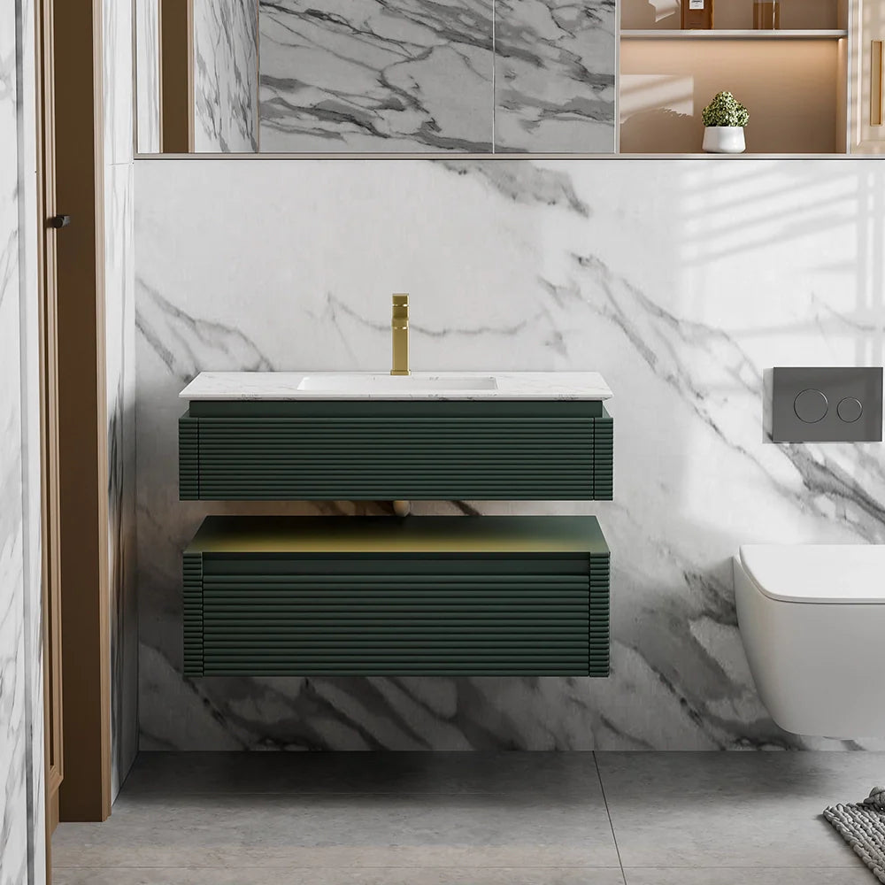 36 Inch Wall Mounted Single Bathroom Vanity with Marble Countertop