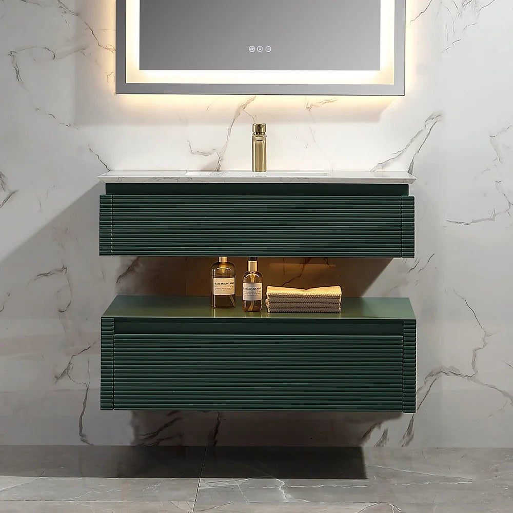36 Inch Wall Mounted Single Bathroom Vanity with Marble Countertop