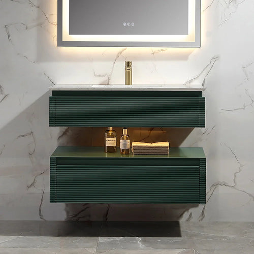 36 Inch Wall Mounted Single Bathroom Vanity with Marble Countertop