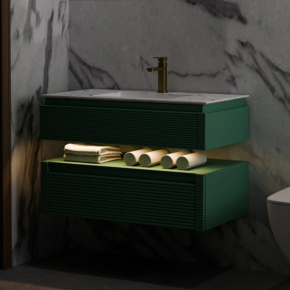 36 Inch Wall Mounted Single Bathroom Vanity with Marble Countertop