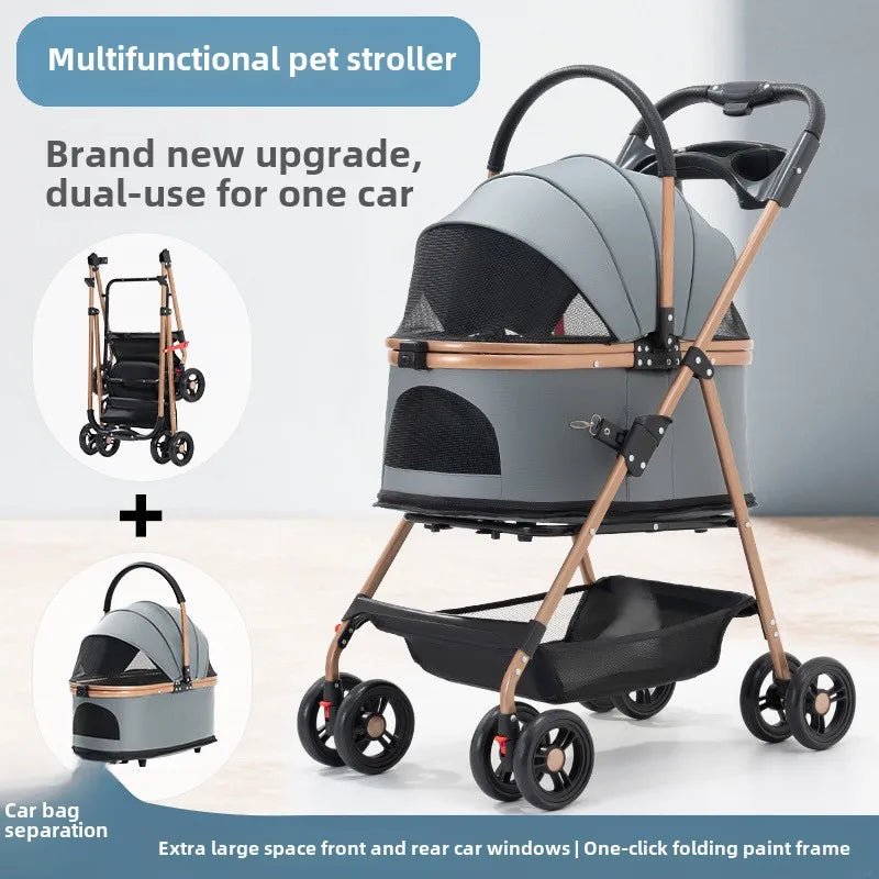 3-in-1 Folding Pet Stroller - Detachable Carrier with Easy Lock Canopy for Small to Medium Dogs and Cats (Up to 30lbs)