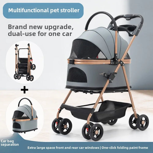 3-in-1 Folding Pet Stroller - Detachable Carrier with Easy Lock Canopy for Small to Medium Dogs and Cats (Up to 30lbs)
