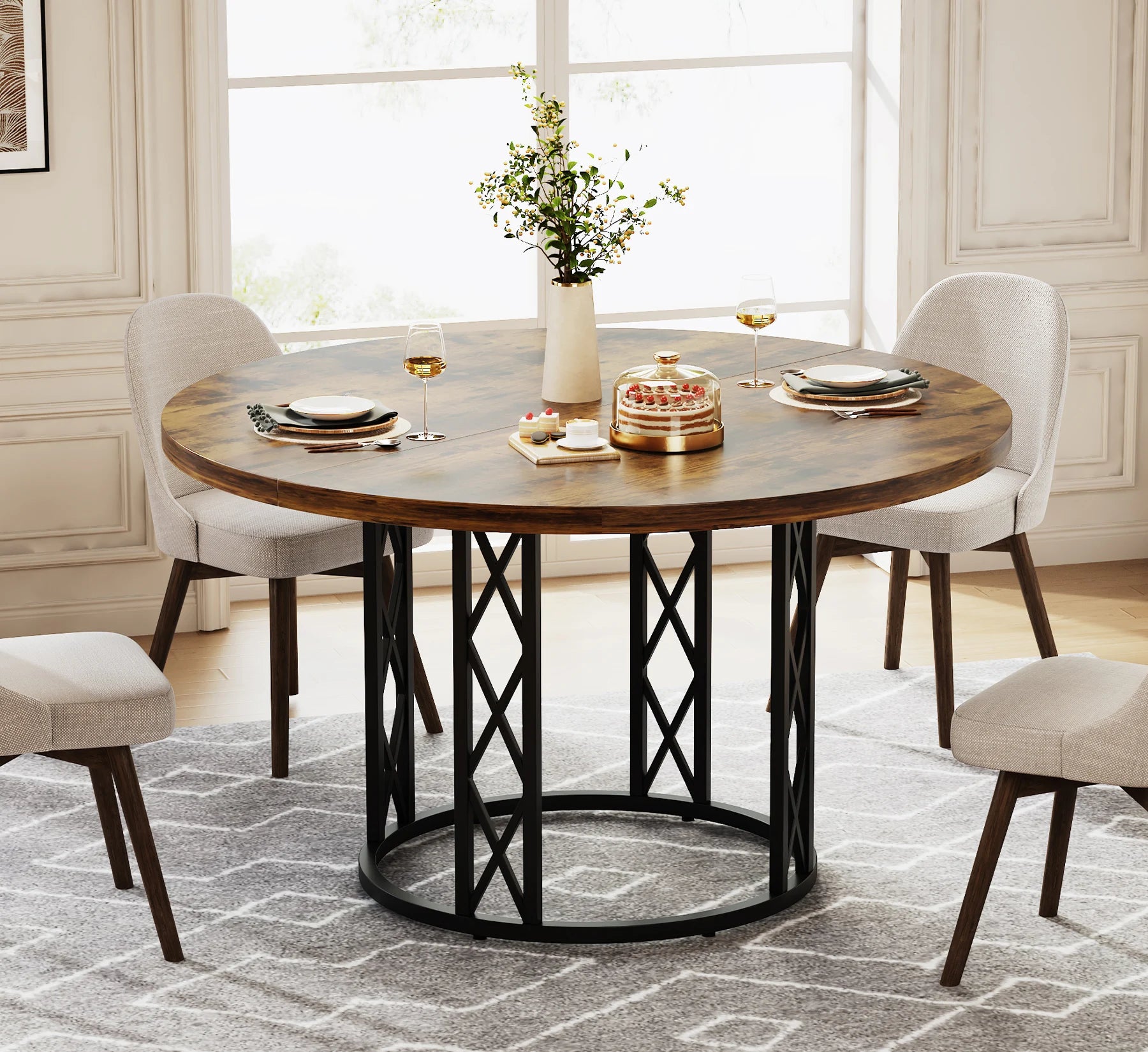 Tribesigns Round Dining Table for 4-6 People, 47-Inch Farmhouse Dinning Room Table Circle Kitchen Table, Industrial Dinner Table
