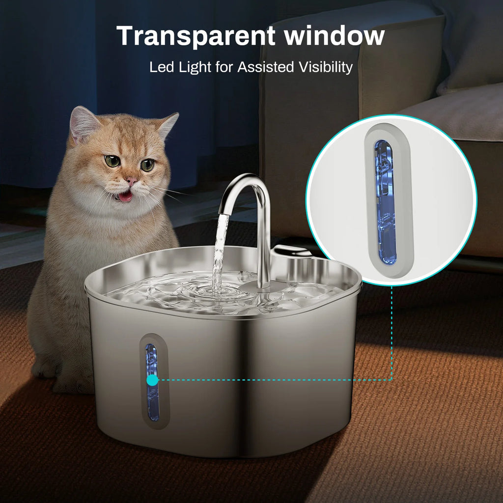 2.2L Automatic Pet Water Fountain – Stainless Steel Cat and Dog Water Dispenser with Clear Water Level Window – Quiet Fountain for Pets