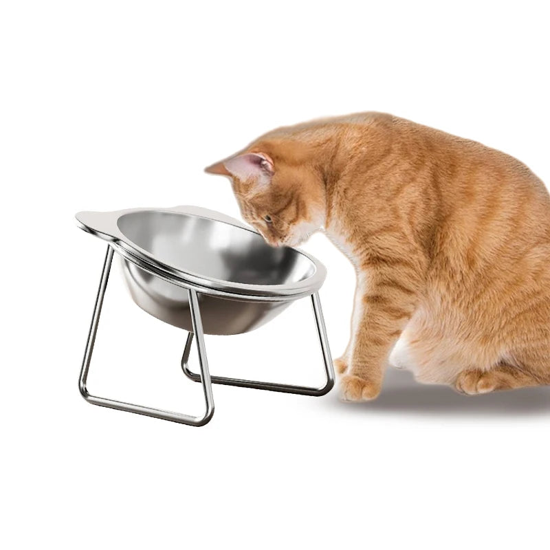 Tilted Stainless Steel Cat Bowl with Elevated Metal Stand - Ergonomic Food and Water Dish for Cats, Kittens, and Puppies