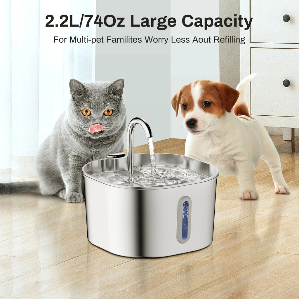 2.2L Automatic Pet Water Fountain – Stainless Steel Cat and Dog Water Dispenser with Clear Water Level Window – Quiet Fountain for Pets
