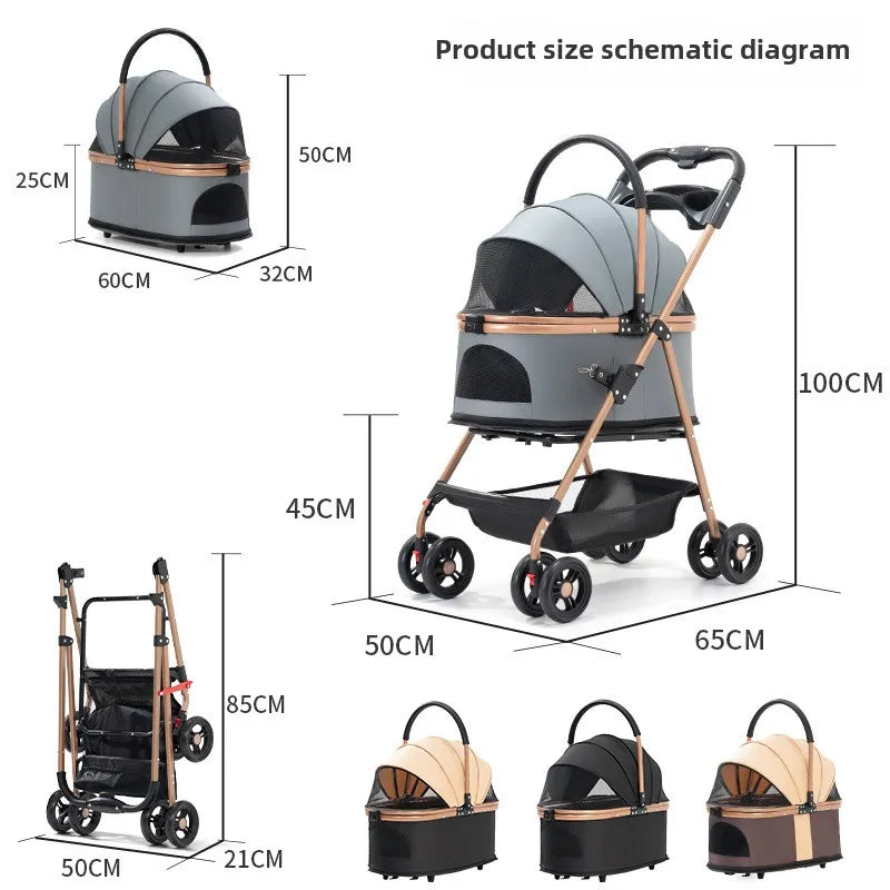 3-in-1 Folding Pet Stroller - Detachable Carrier with Easy Lock Canopy for Small to Medium Dogs and Cats (Up to 30lbs)
