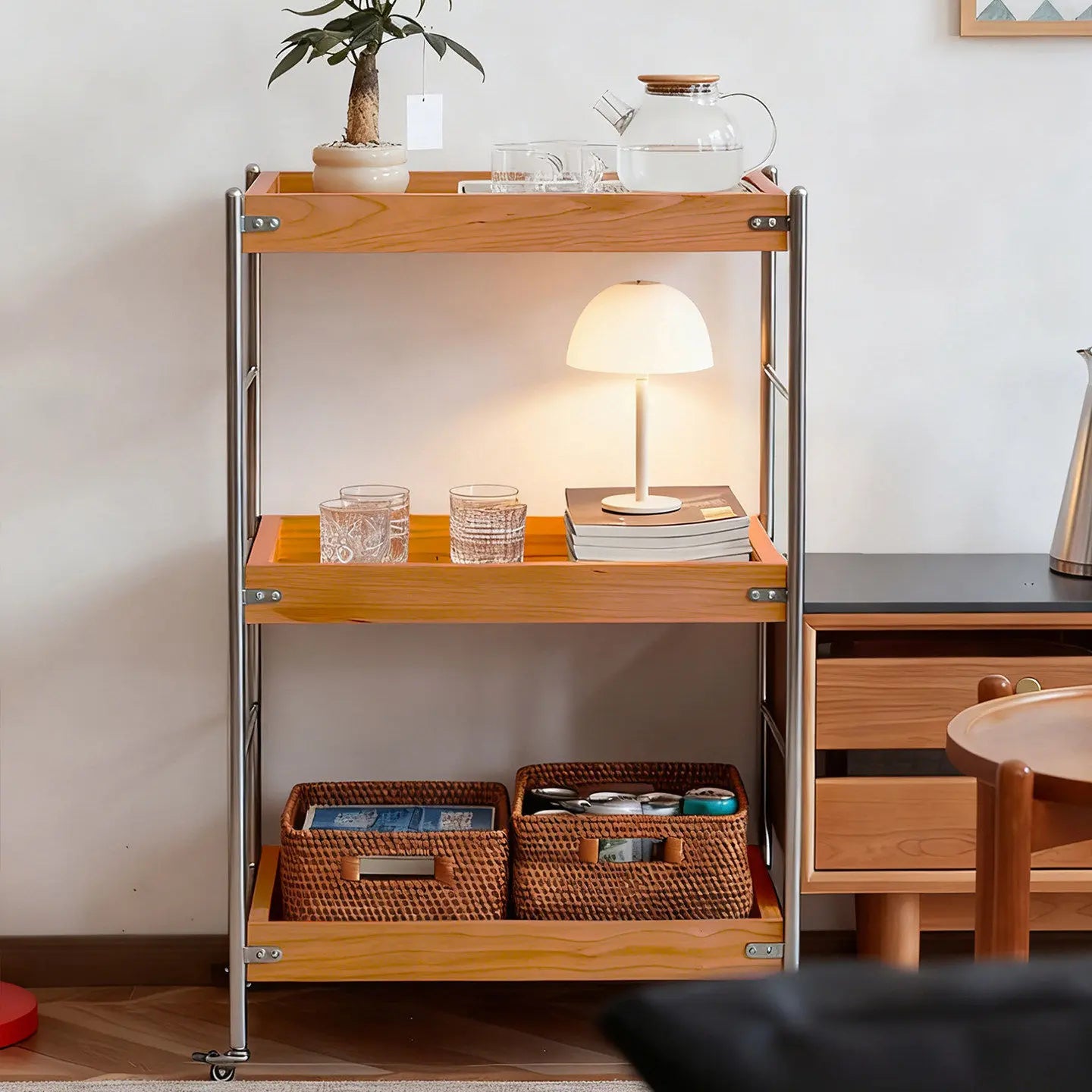 Solid Wood Rolling Cart with Wheels – 4-Tier Walnut Storage Shelves & Mobile Utility Organizer Rack for Apartments