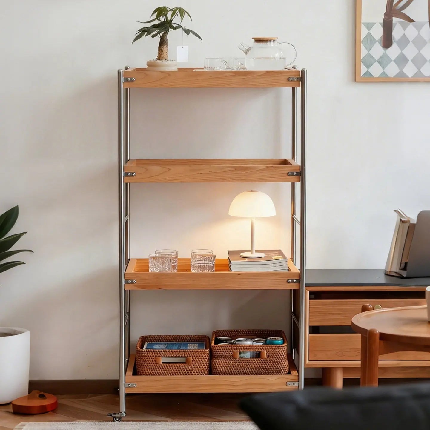 Solid Wood Rolling Cart with Wheels – 4-Tier Walnut Storage Shelves & Mobile Utility Organizer Rack for Apartments