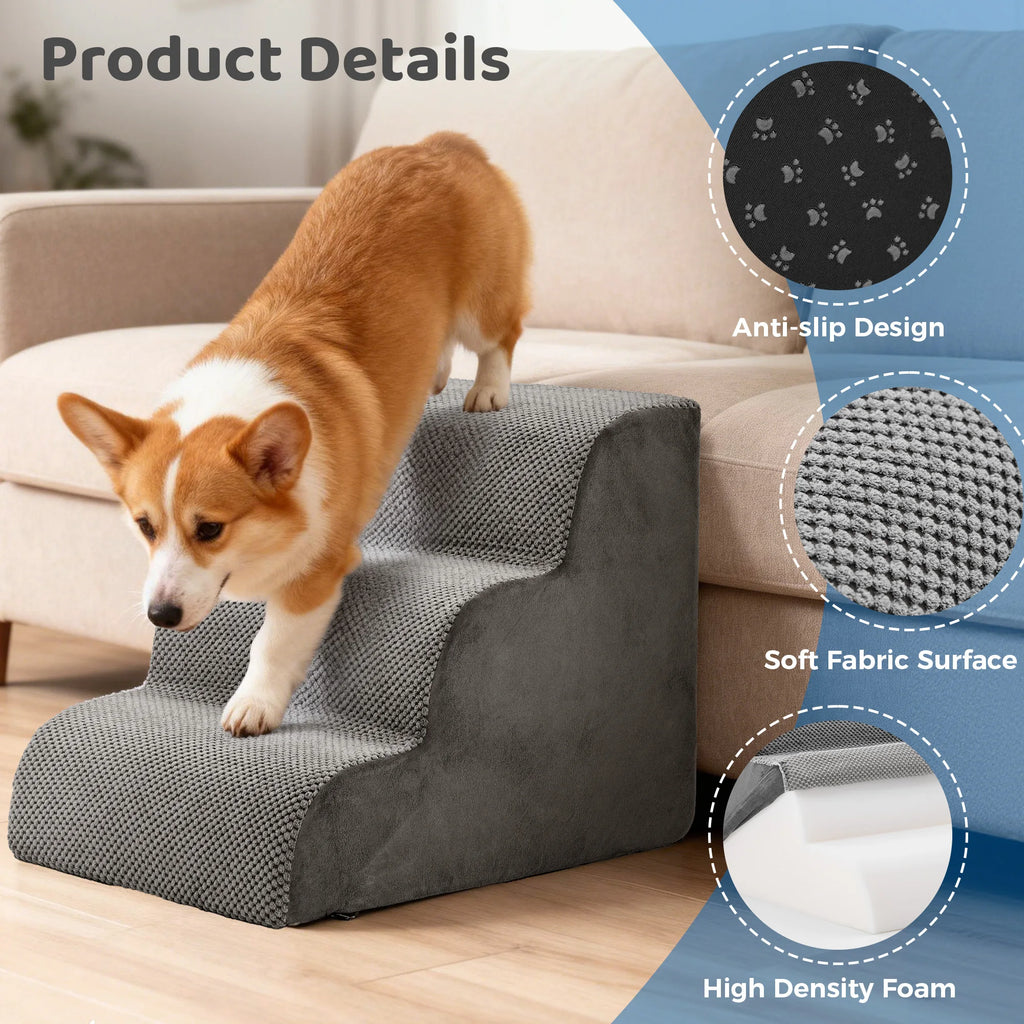 High-Density Foam Pet Stairs – 3-5 Step Curved Dog Ramp for Small Dogs and Cats – Non-Slip Indoor Pet Ladder for Easy Access to Furniture