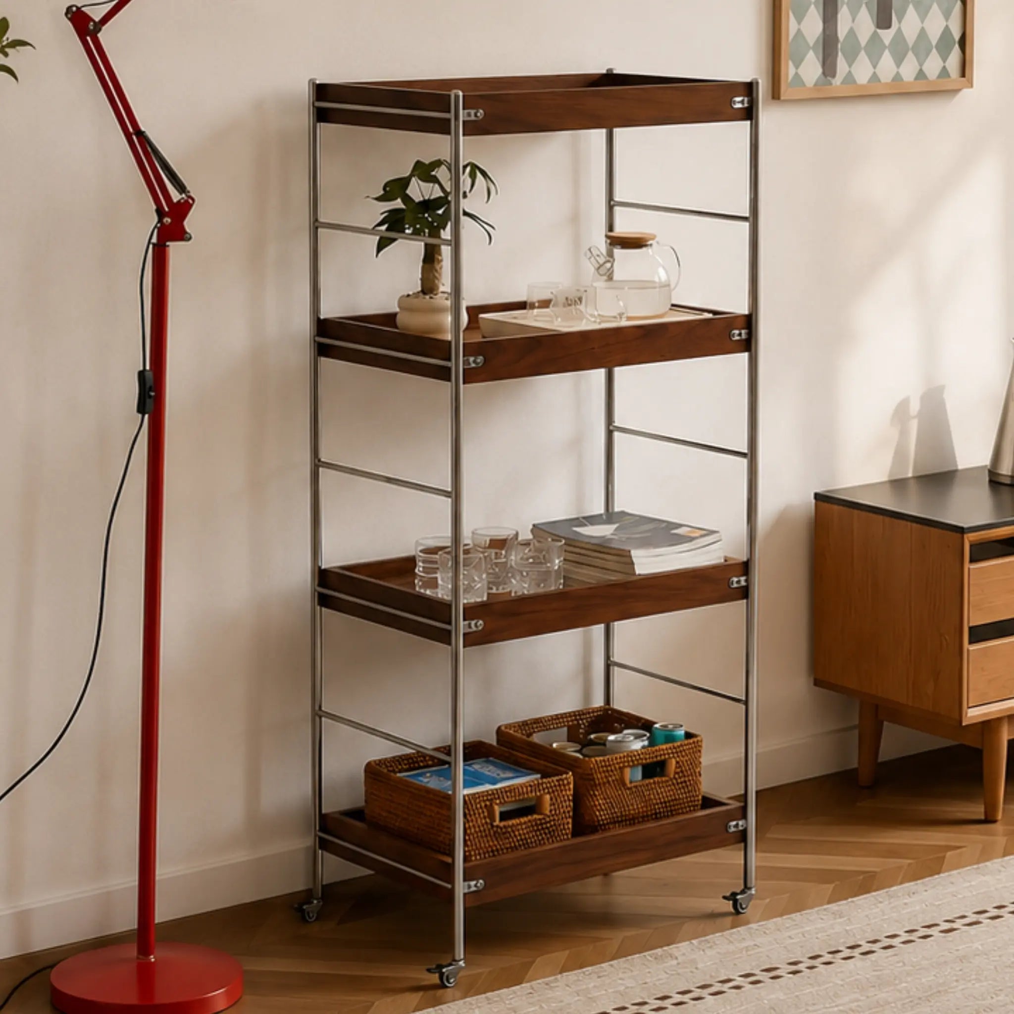 Solid Wood Rolling Cart with Wheels – 4-Tier Walnut Storage Shelves & Mobile Utility Organizer Rack for Apartments
