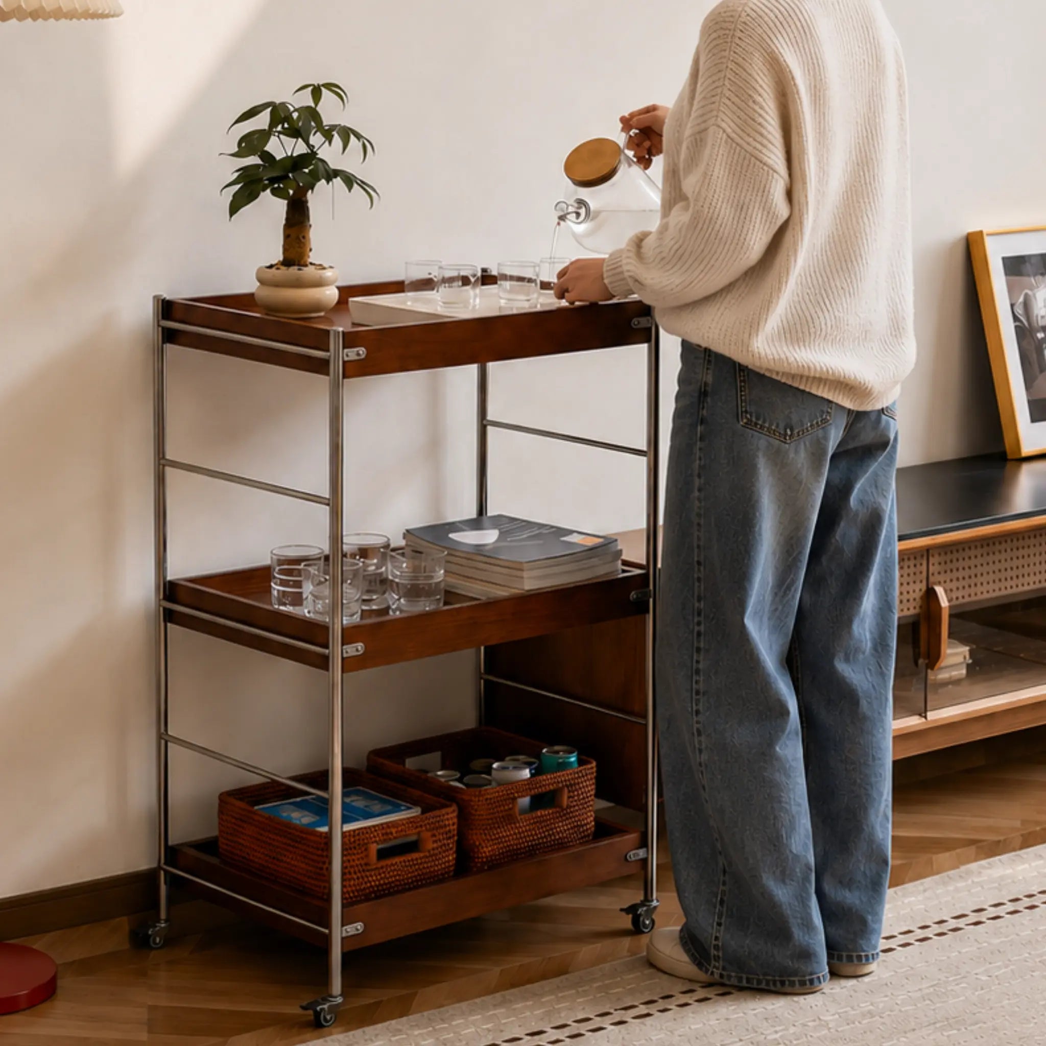 Solid Wood Rolling Cart with Wheels – 4-Tier Walnut Storage Shelves & Mobile Utility Organizer Rack for Apartments