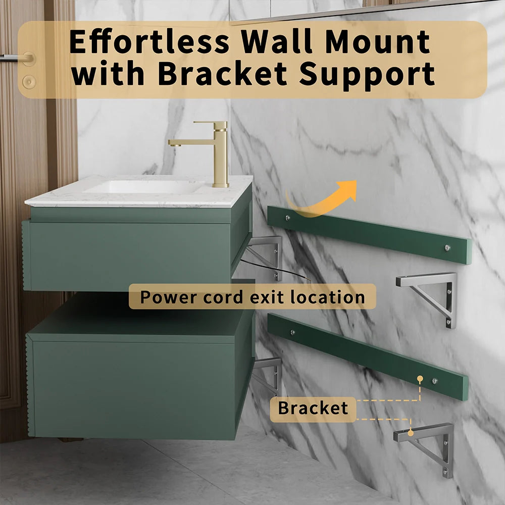 36 Inch Wall Mounted Single Bathroom Vanity with Marble Countertop