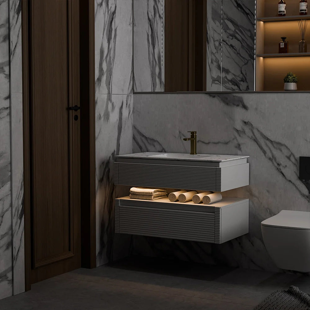 36 Inch Wall Mounted Single Bathroom Vanity with Marble Countertop