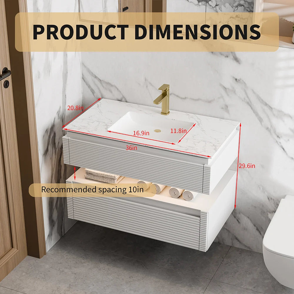 36 Inch Wall Mounted Single Bathroom Vanity with Marble Countertop