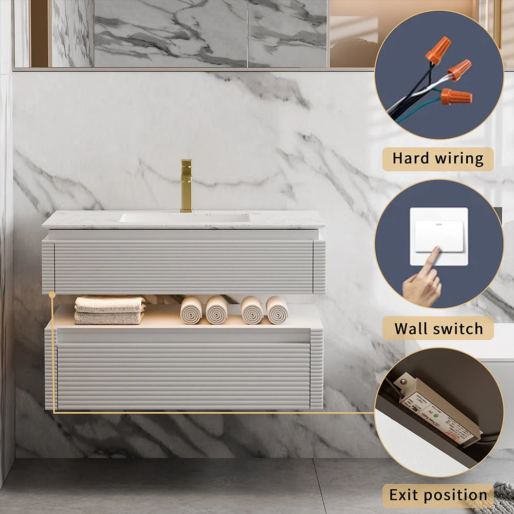 36 Inch Wall Mounted Single Bathroom Vanity with Marble Countertop