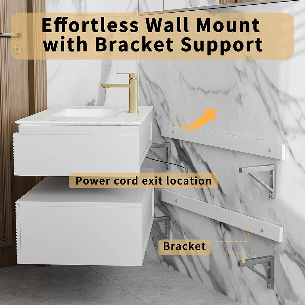 36 Inch Wall Mounted Single Bathroom Vanity with Marble Countertop