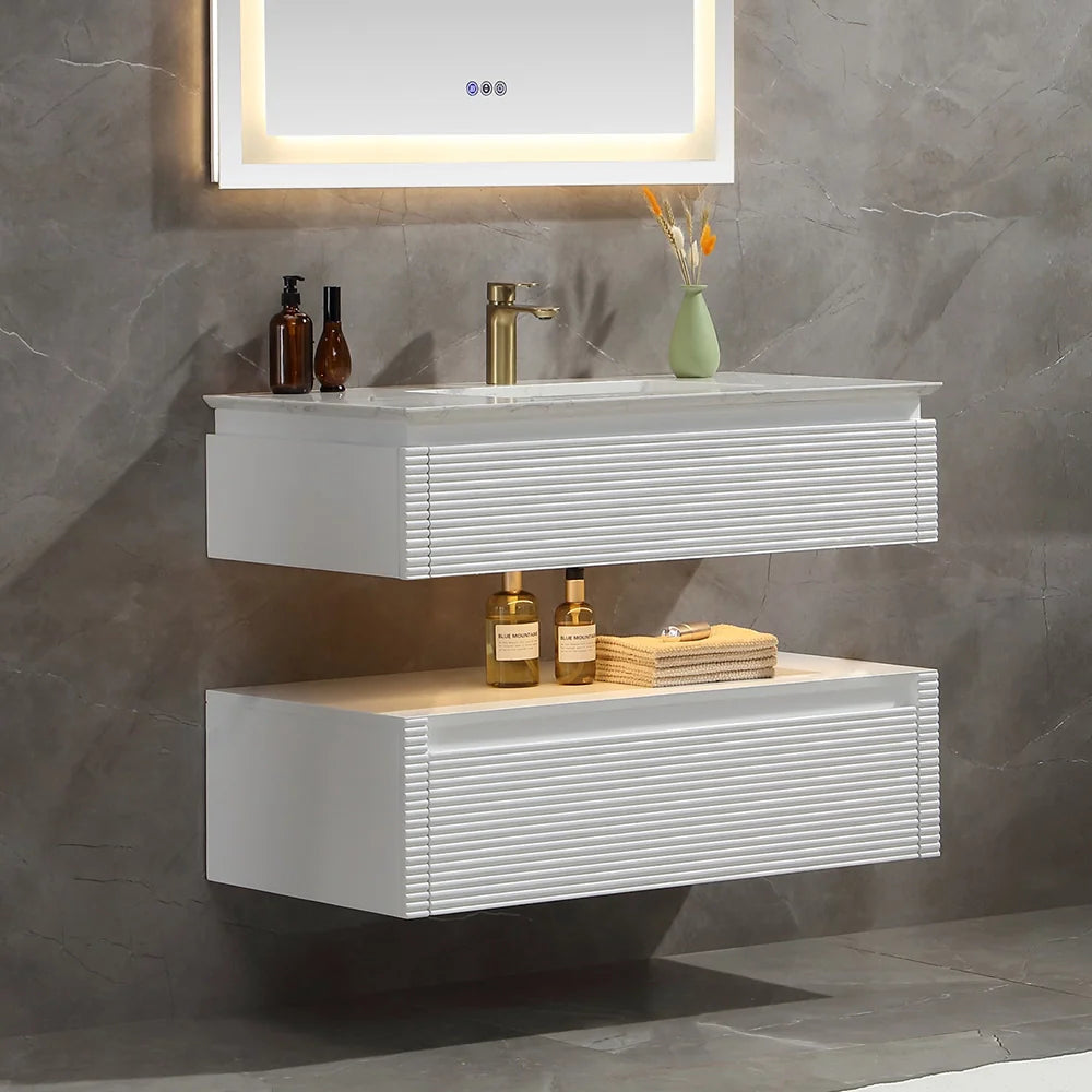 36 Inch Wall Mounted Single Bathroom Vanity with Marble Countertop