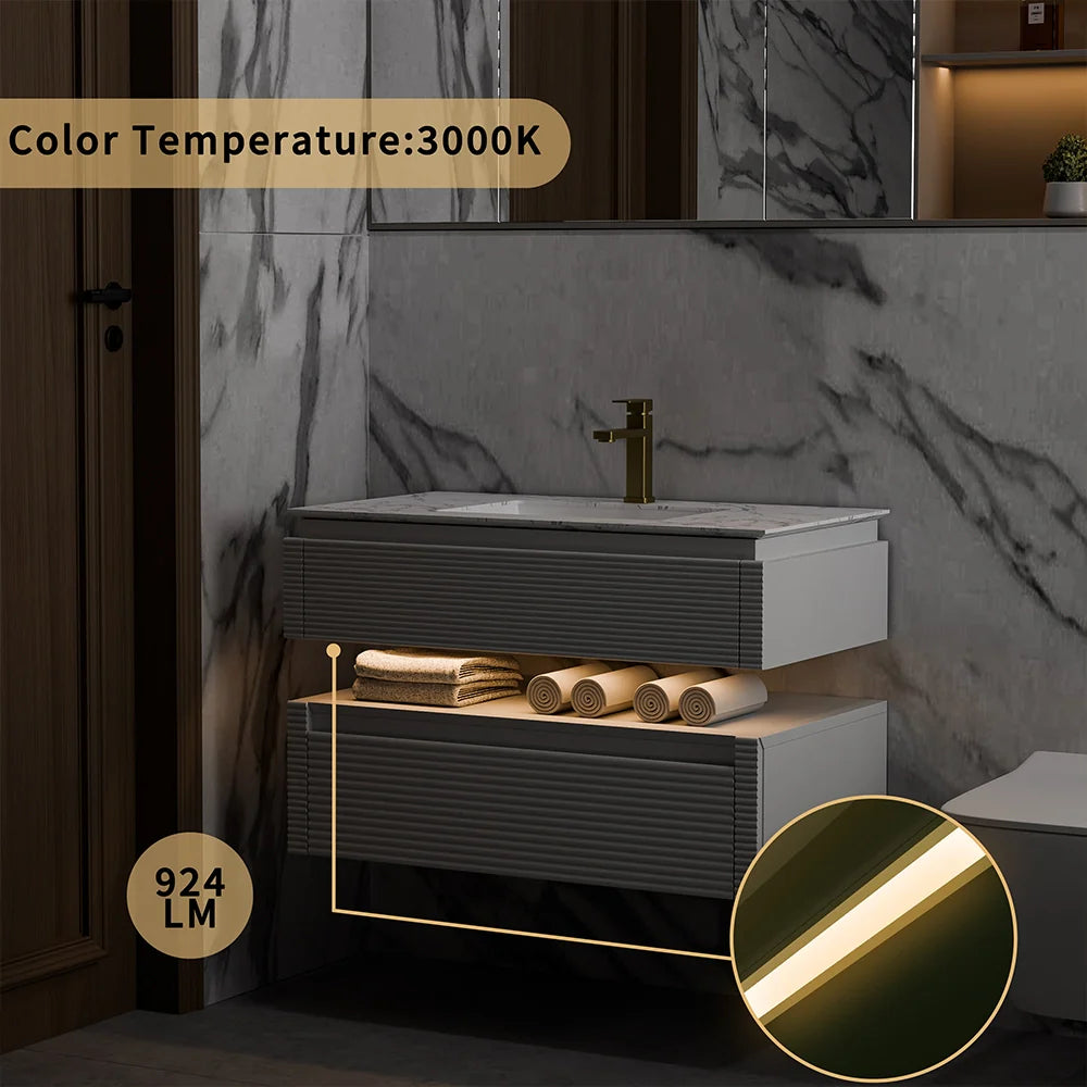 36 Inch Wall Mounted Single Bathroom Vanity with Marble Countertop