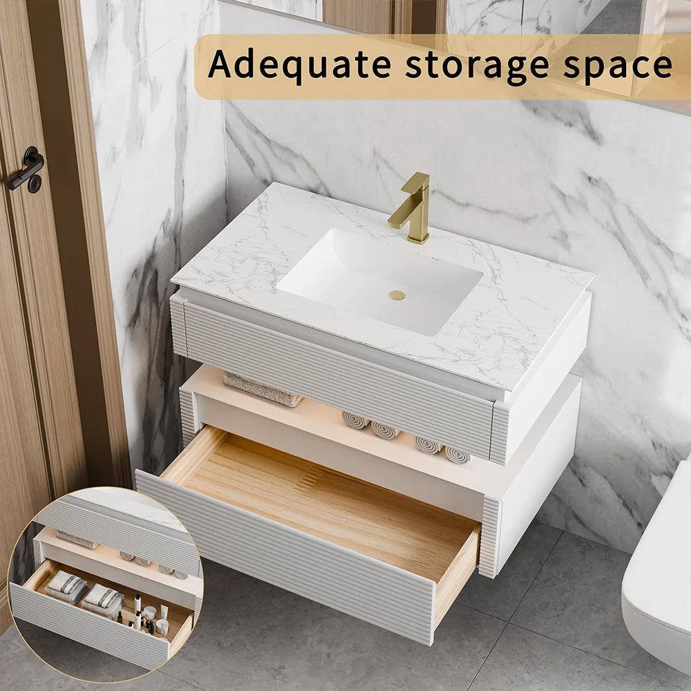 36 Inch Wall Mounted Single Bathroom Vanity with Marble Countertop
