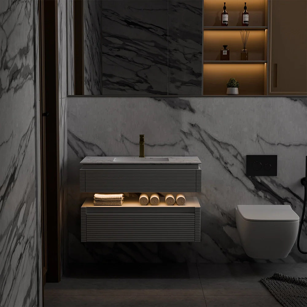 36 Inch Wall Mounted Single Bathroom Vanity with Marble Countertop