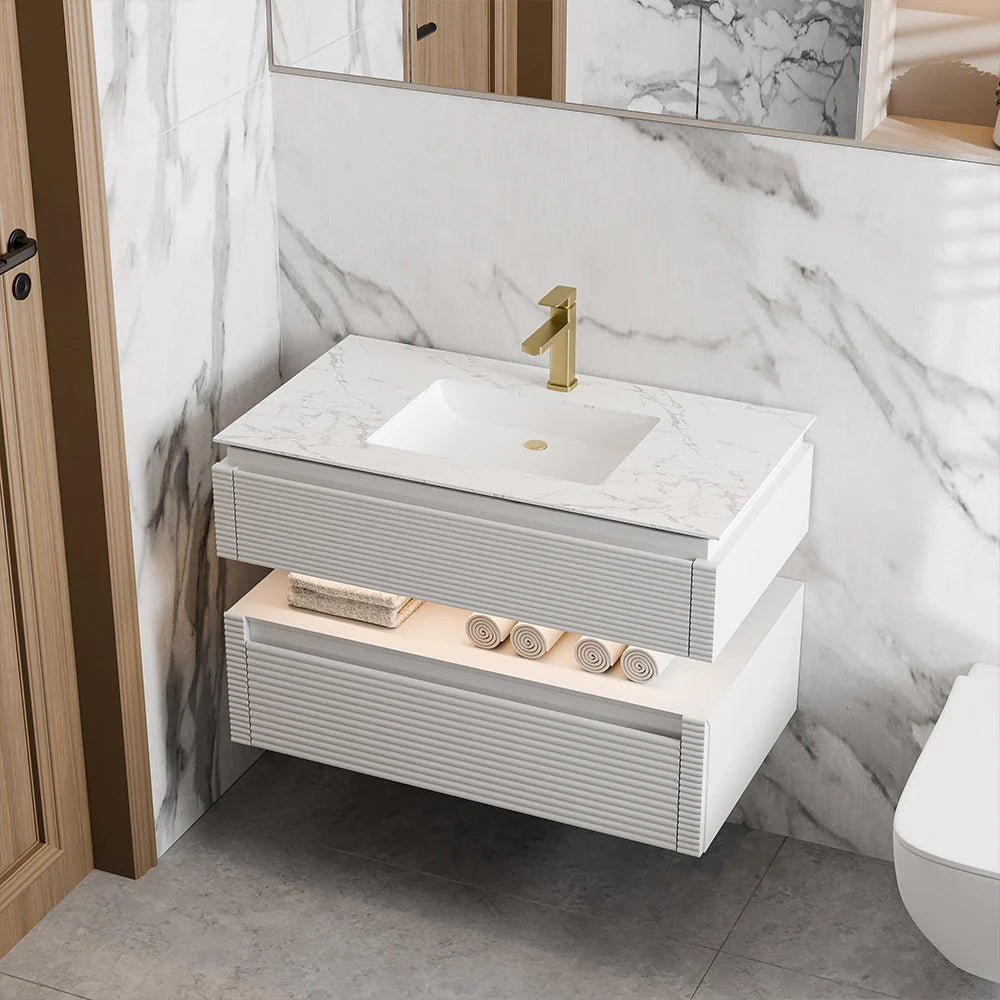 36 Inch Wall Mounted Single Bathroom Vanity with Marble Countertop