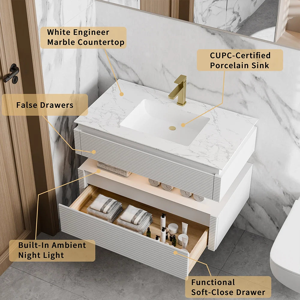 36 Inch Wall Mounted Single Bathroom Vanity with Marble Countertop