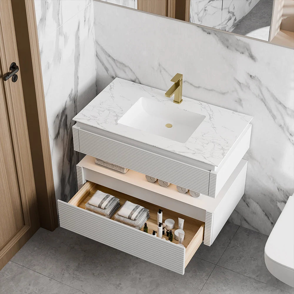 36 Inch Wall Mounted Single Bathroom Vanity with Marble Countertop